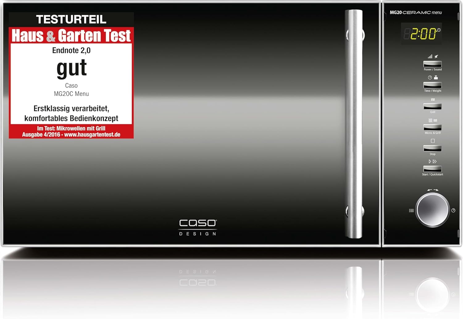 CASO | MG20 Ceramic menu 2-in-1 Mikrowelle mit Grill | Keramikboden und Grill-Rost für 2 Ebenen, 800 W, 1000 W Grill, 20 L, Edelstahl, verspiegelt