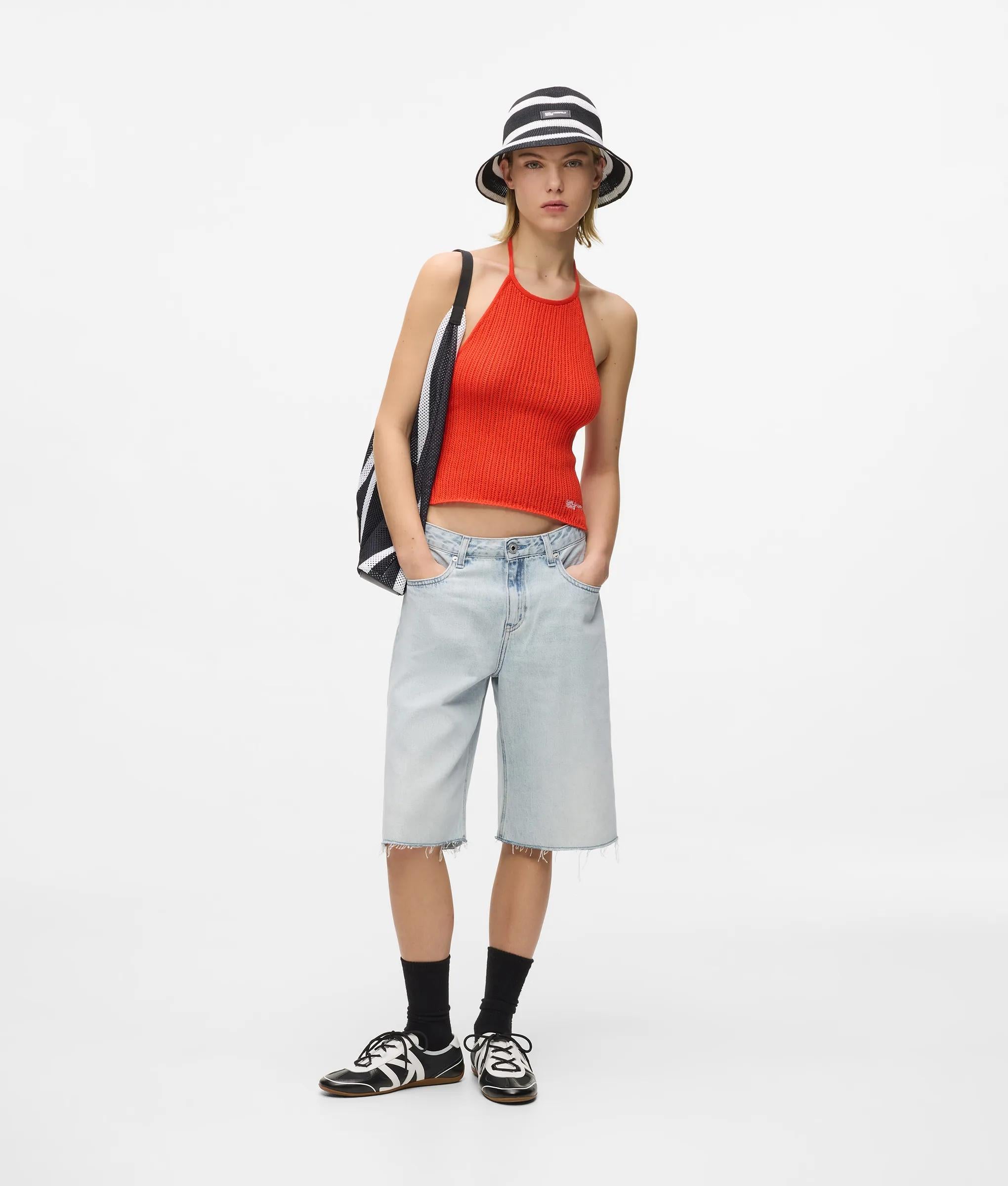 Ontspannen lange denim korte broek