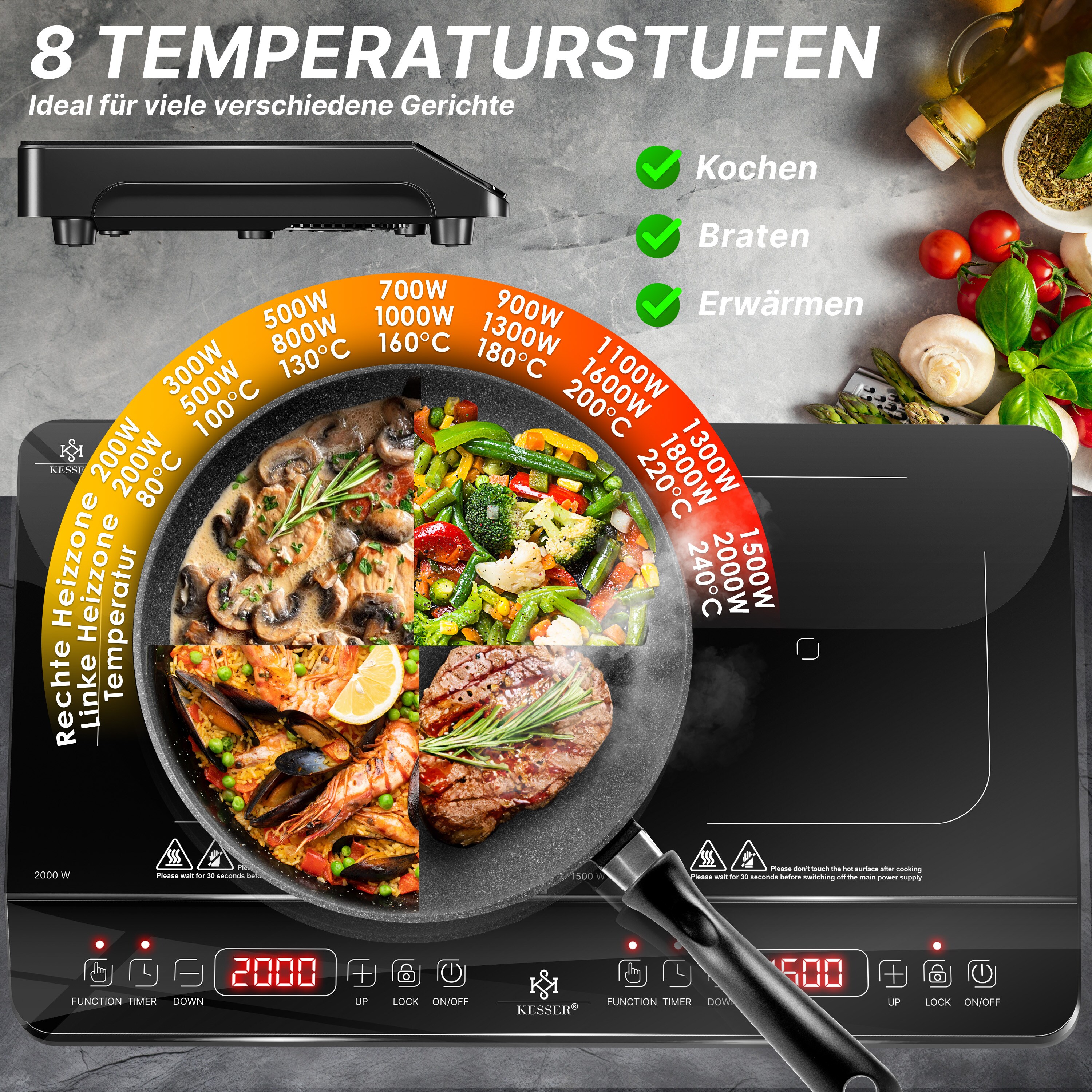 KESSER® Induktionskochplatte Induktionskochfeld Tragbare 28cm Kochplatte + 3x Mikrofasertuch + 1x Rezeptbuch, Heizstufen, Stunden-Timer, Touch-Steuerung, Booster-Funktion 220-240V