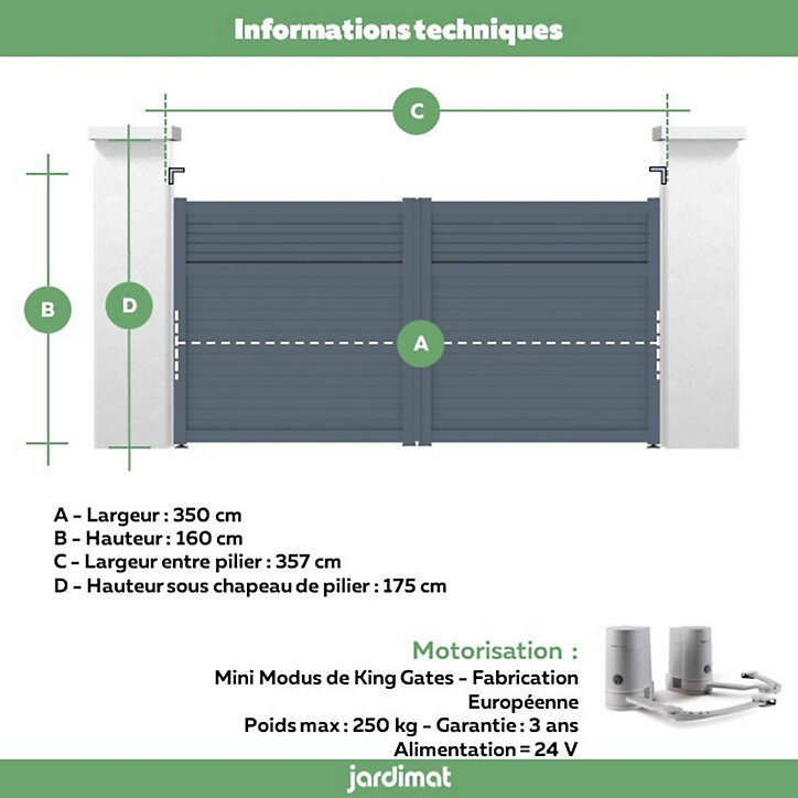 Portail Jardimat battant motorisé aluminium Annoire gris anthracite - 350 x h.177 cm