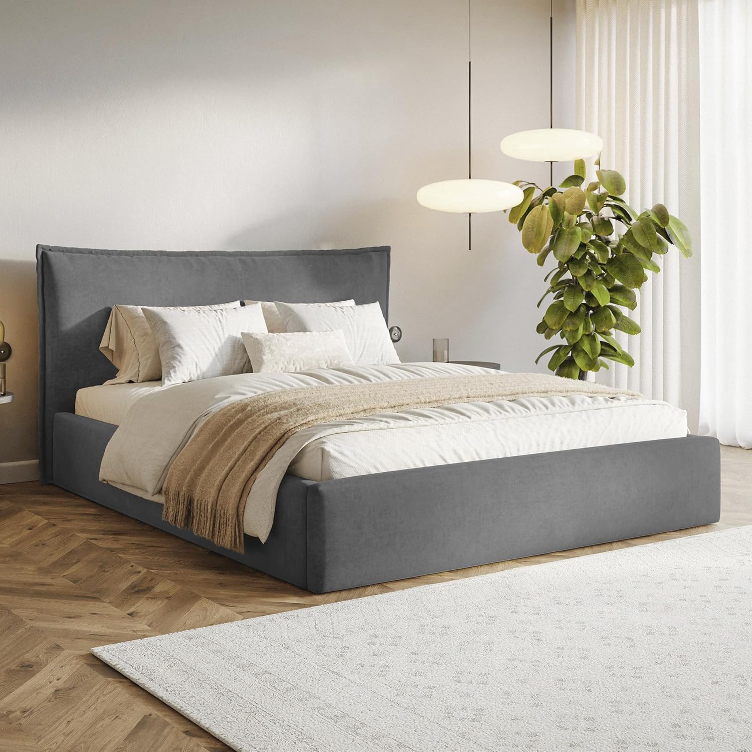 Leno Bett 180x200 Grau Samt, mit Stauraum, mit Kopfteil, mit Lattenrost, ohne Füße, ohne Matratze, Polsterbett 180x200 mit Bettkasten Grau (Anthrazit)
