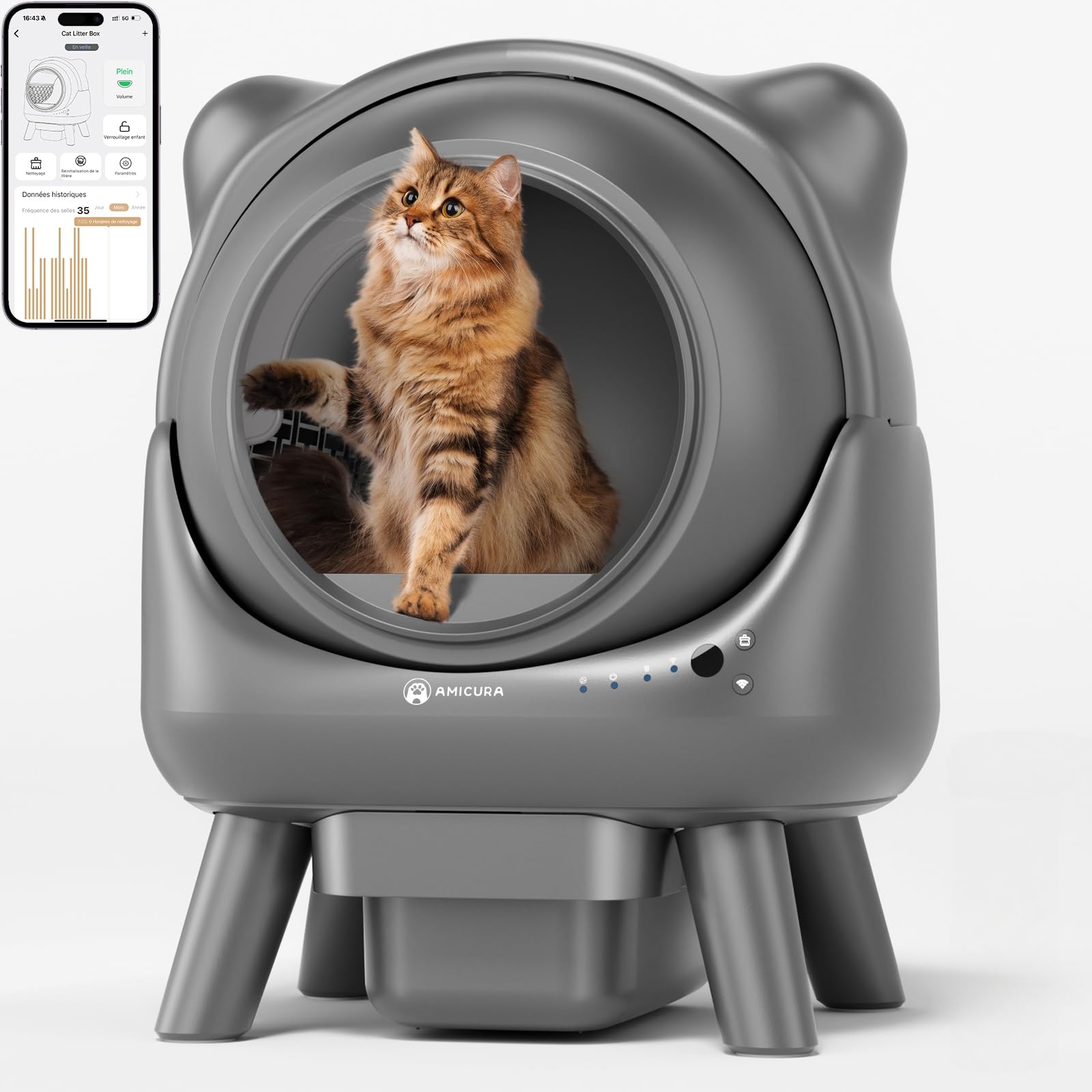 Amicura Cura X1 Litière Chat Autonettoyant avec Contrôle par Application,Capteur de Sécurité (Anti-Pinch), Anti-odeurs, Bac à Litière Autonettoyant, L