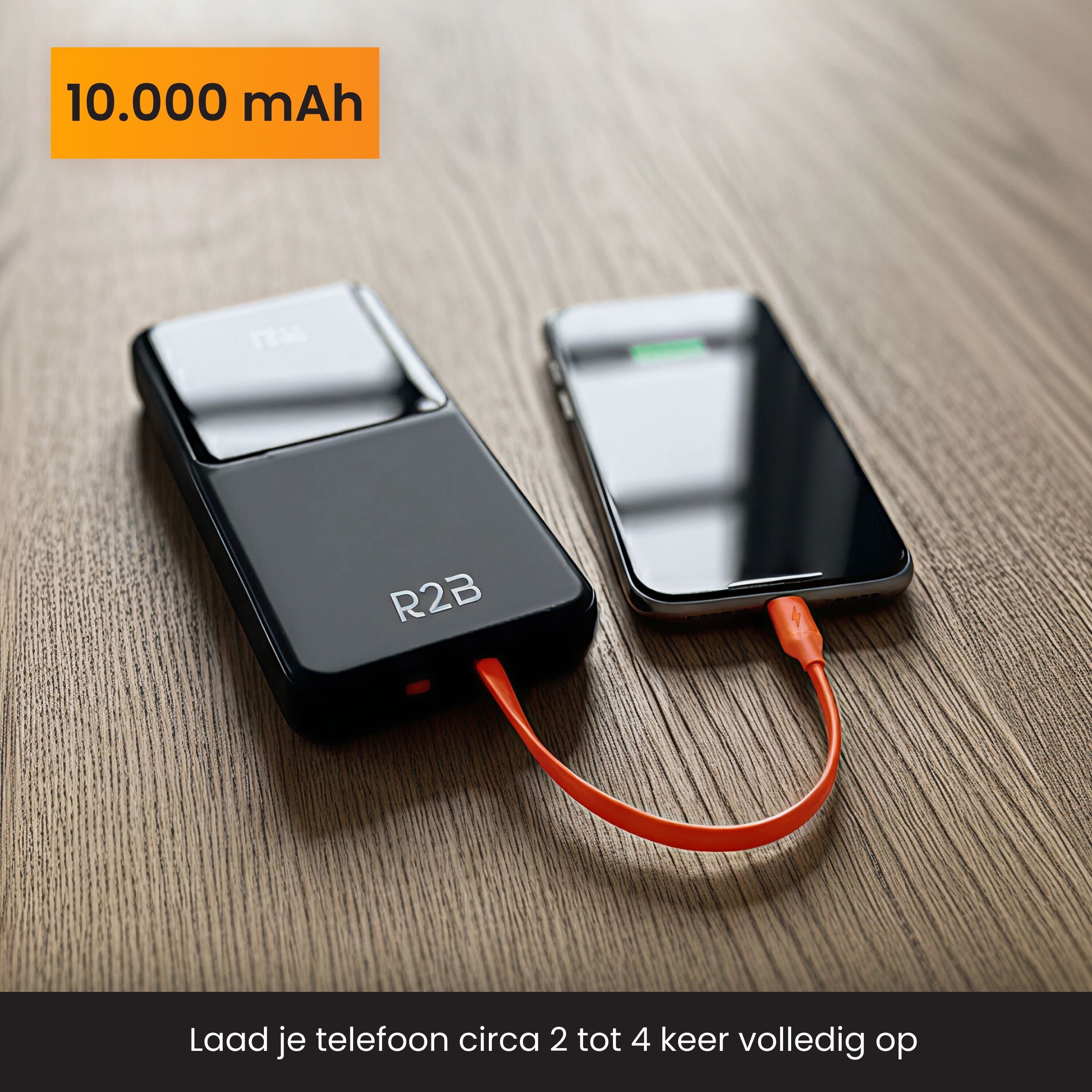 R2B 10000 mAh powerbank met ingebouwde kabels