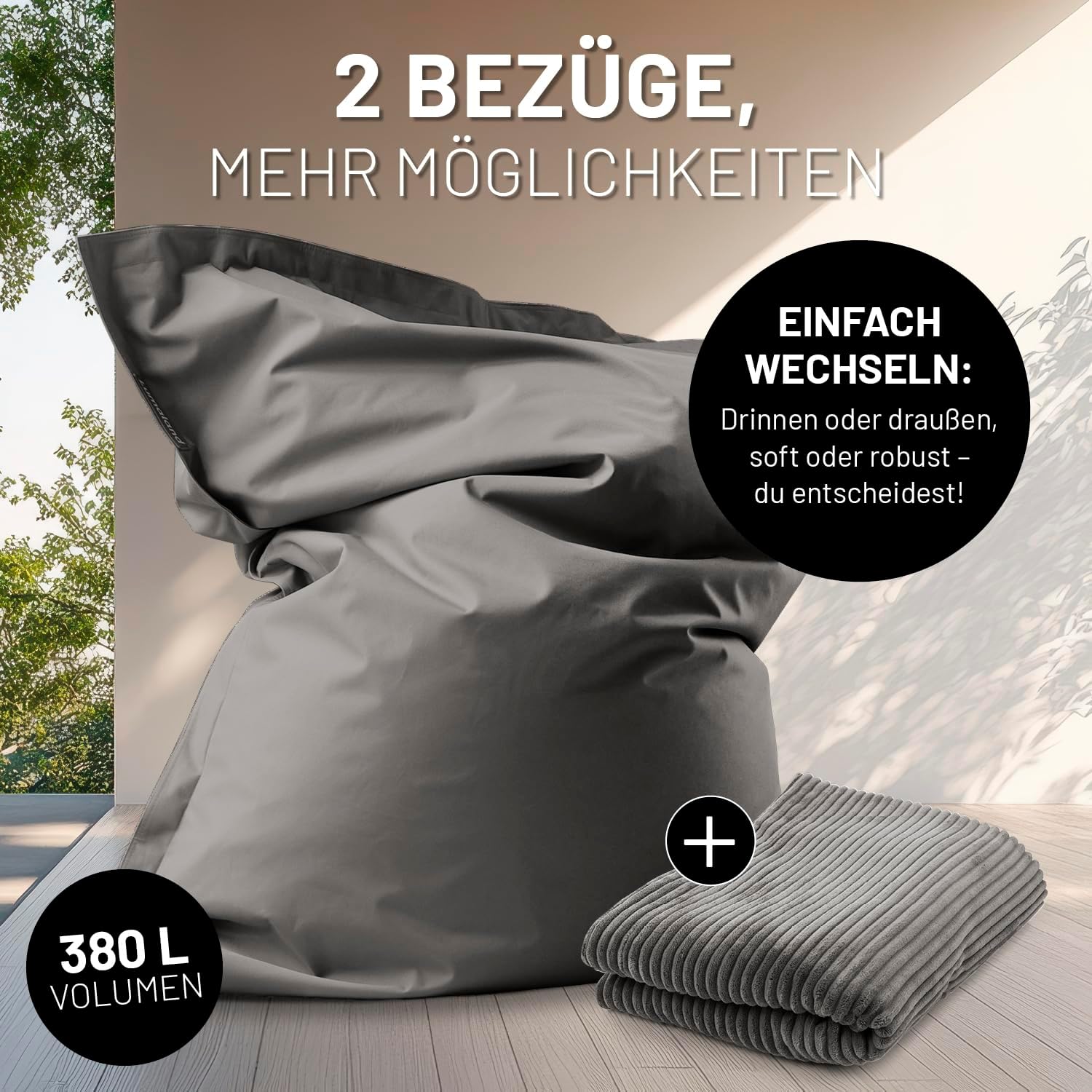 Lumaland Sitzsack Classic XXL All-in-One Set | Riesen Sitzsack XXL mit Cord & Outdoor Bezug für drinnen & draußen | Sofa Sessel mit im Innensack sicher verpackter EPS-Füllung – Hüllen Easy wechselbar