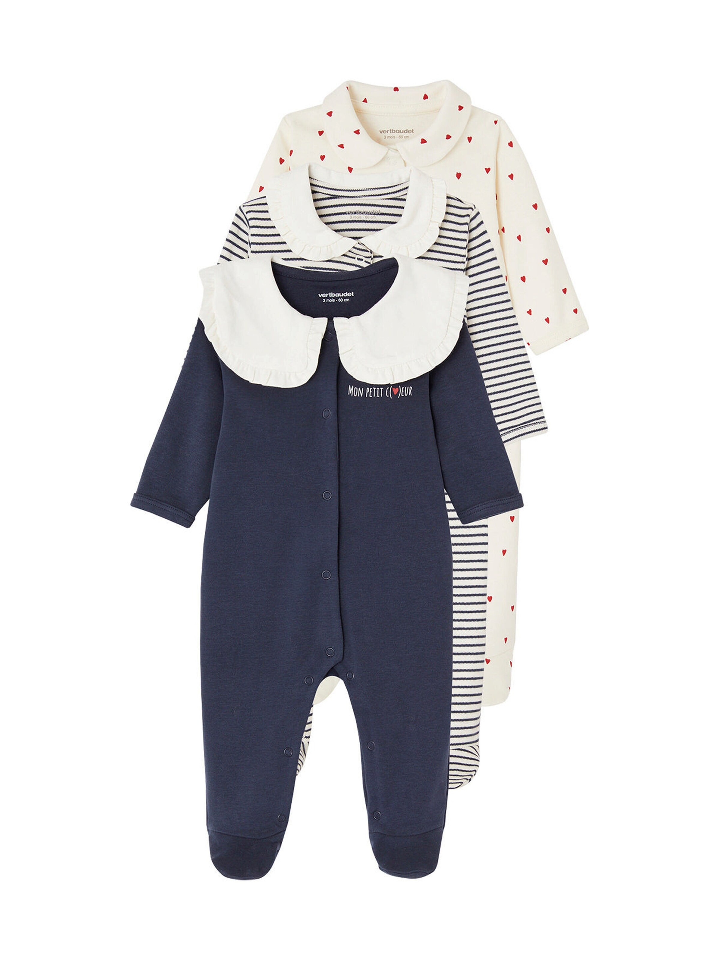 Vertbaudet 3er-Pack Baby Strampler aus Interlock HERZ wollweiß+gestreift+nachtblau