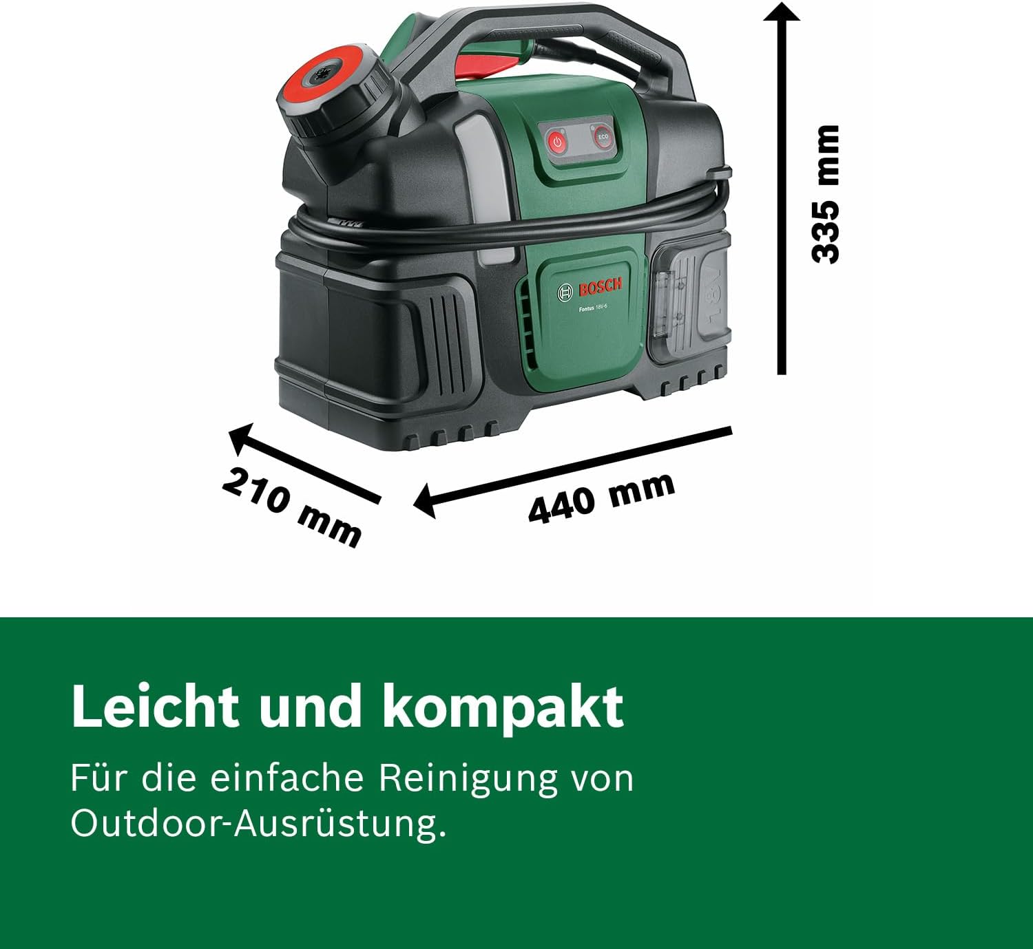 Bosch Akku-Druckreiniger Fontus 18V-6 für Fahrräder (mobil, mini, 6-Liter-Wassertank, 8 Druckstufen, Aufbewahrung für Schlauch und Pistole, inkl. 1 x 2,0 Ah 18V Akku und Ladegerät)