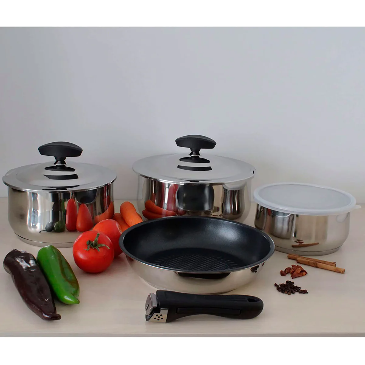Batterie de Cuisine Induction, Poignée Amovible, 11 Pièces, Acier inox