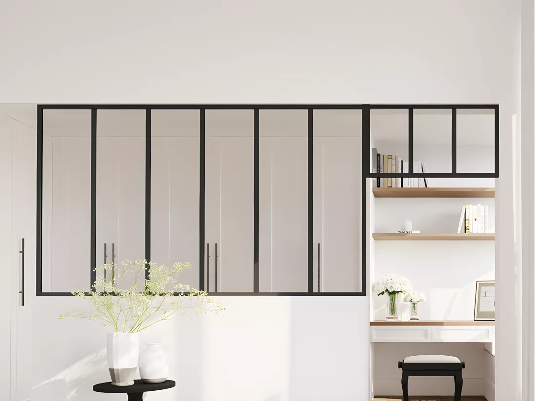 Verrière atelier avec imposte en aluminium thermolaqué - L180 x H105 + L73 x H40 cm - Noir - BAYVIEW