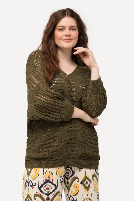 Pullover, Ajourmuster, V-Ausschnitt, 3/4-Arm, Biobaumwolle