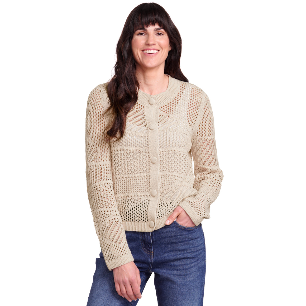 Gina Benotti Damen Strickjacke mit Ajourmuster beige