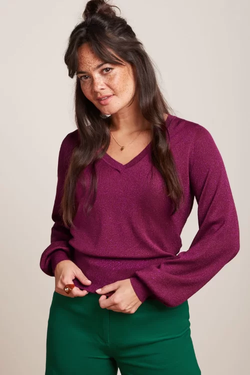 King Louie Spiro V Neck Bellsleeve top in wild fuchsia