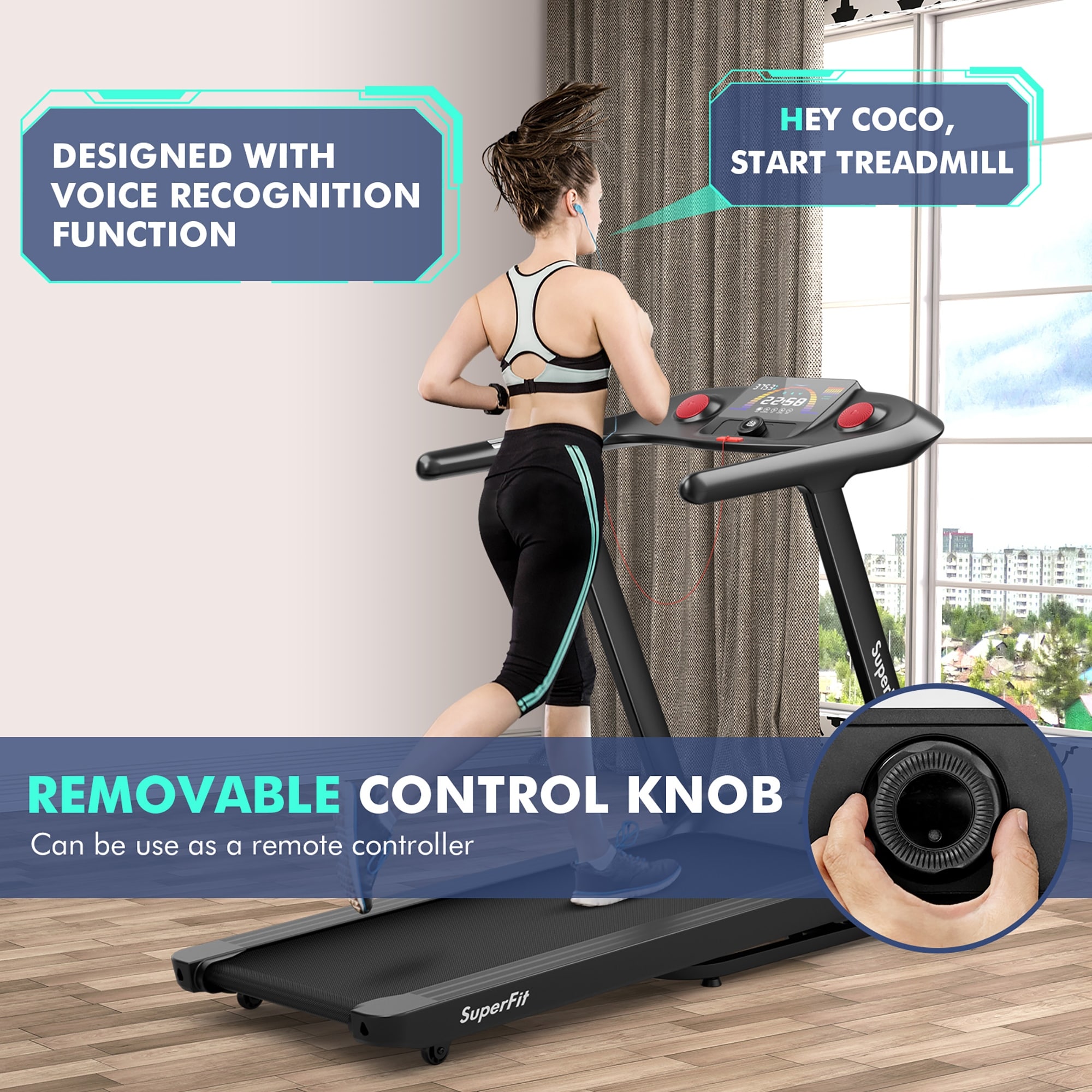 Esteira dobrável SuperFit 4.75HP com programas predefinidos e tela sensível ao toque - 64'' x 30'' x 45''