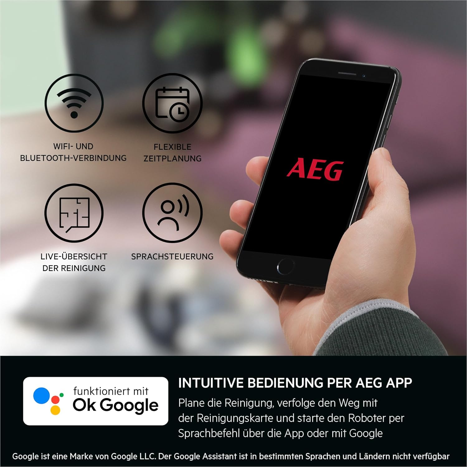 AEG AR61UW1DG Staubsaugerroboter, Gyroskop + Kamera, Lithium-Akku 14,4 V, Laufzeit 120 min, Wassertank 0,25 l, iOS/Android-App, 2 motorisierte Bürsten, Ladestation, Mops, Grau