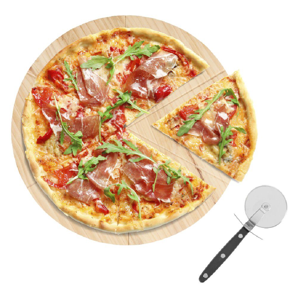 Planche ronde en bois et roulette à pizza