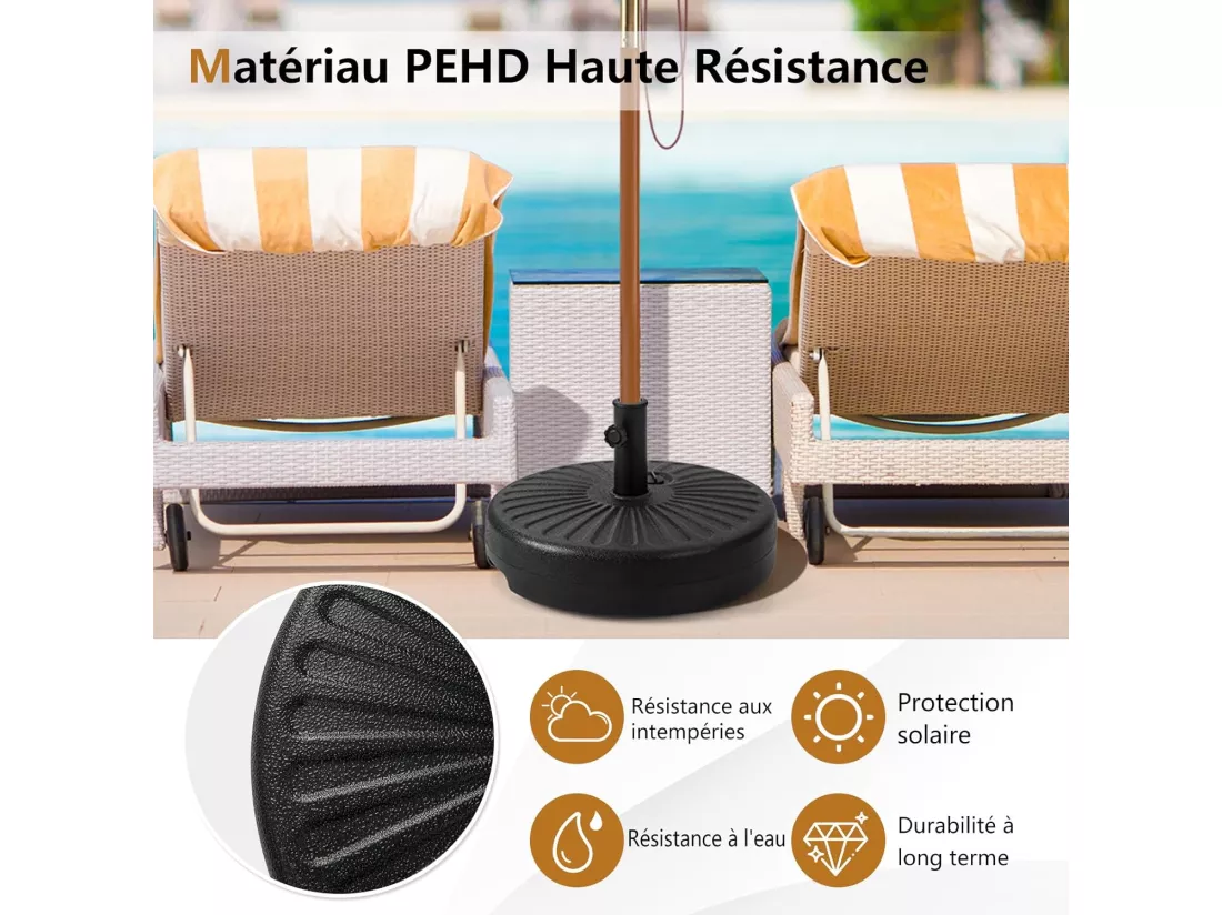 Pied de Parasol Lourd pour Parasolφ38/48 mm, Socle Parasol Extérieur en HDPE Rempli de 28Kg Sable/18L Eau, pour Terrasse Piscine Patio Jardin Restaurant, Dia.50 x H30 cm