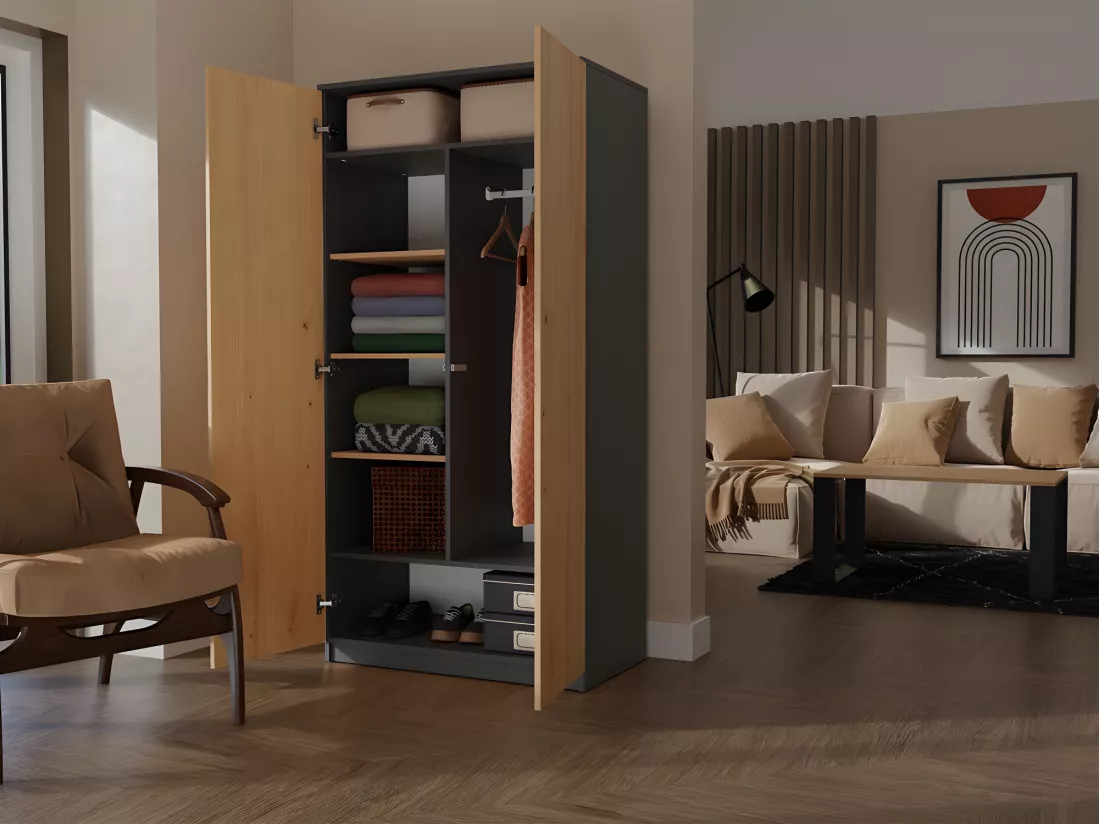 ESME - Armoire double style scandinave chambre à coucher - 90x50x180 - 2 portes - Dressing