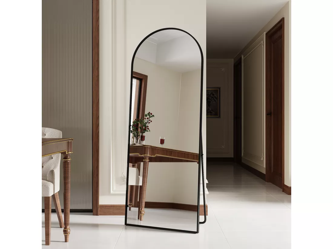 Miroir pleine longueur 165 x 60 cm, sur pied, suspendu ou appuyé, grand miroir de sol avec cadre en alliage d'aluminium noir pour salon ou chambre à coucher, Arc