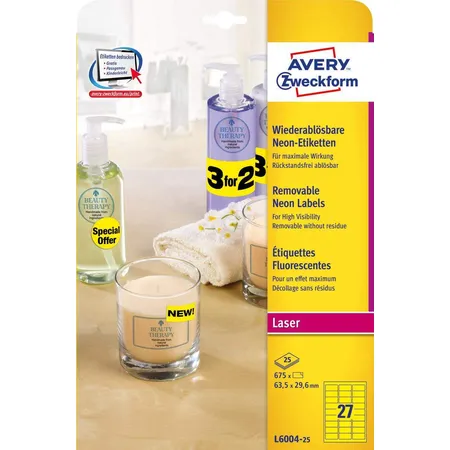 Avery Zweckform L6004-25 Etiketten in Sonderfarben,A4 63,5 x 29,6 mm, 25 Bogen/675 Etiketten, neongelb
