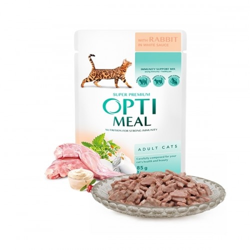 Alimento úmido Optimeal para gatos, sabor coelho em molho branco.