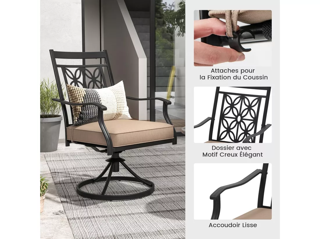 Lot de 2 Chaises de Jardin avec Coussin Amovible, Chaises Pivotantes à 360° avec Cadre en Métal, Fauteuil d'Extérieur avec Dossier à Motif Fleuri pour Cour, Patio, Charge 150 KG (Style 1)