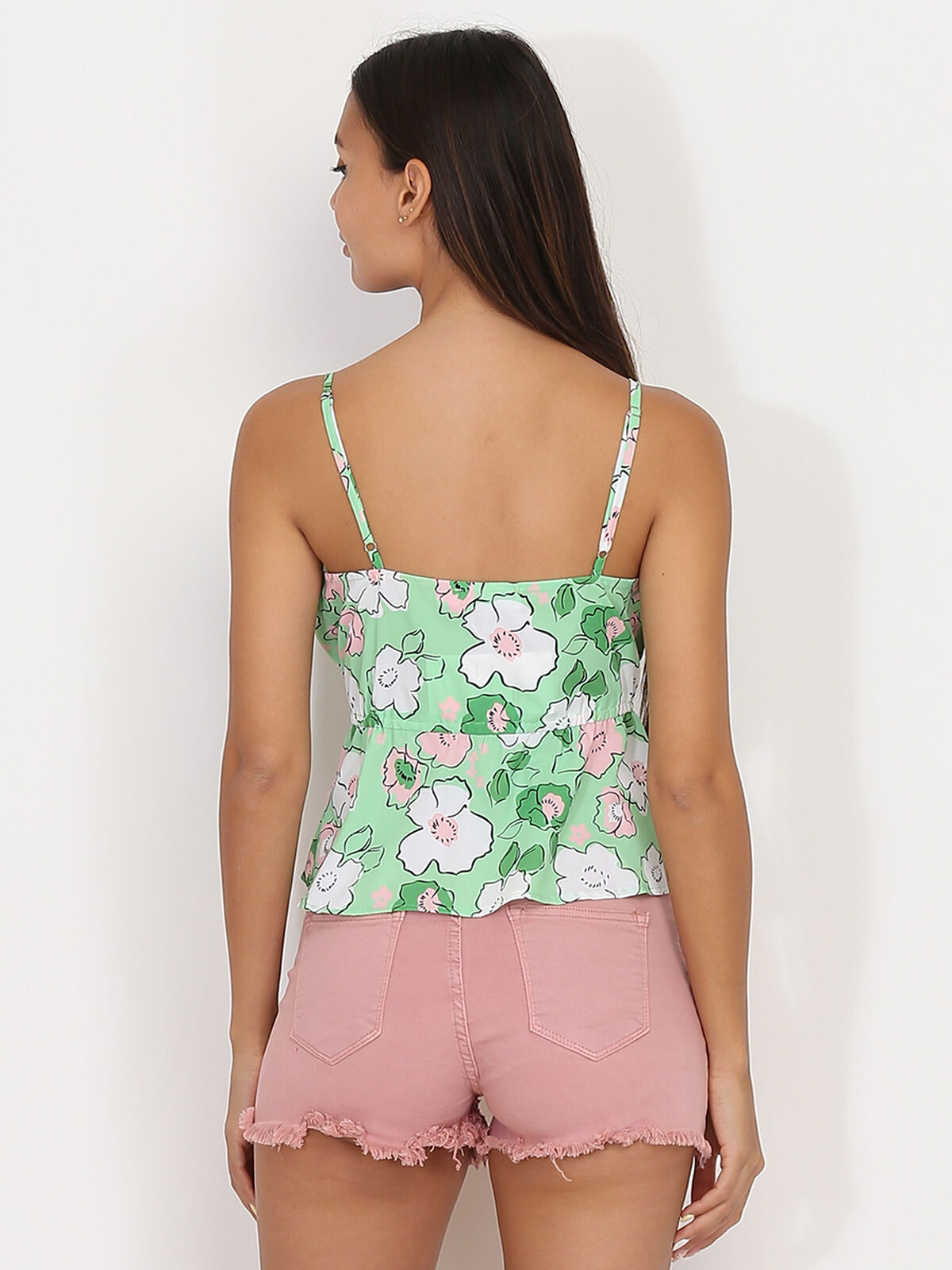 Top léger à volants et motif fleurs- Vert