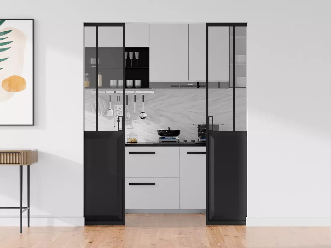 Porte coulissante double atelier avec système à galandage - Noir et verre trempé - 2 x H205 x L63 cm - ARTISTO II