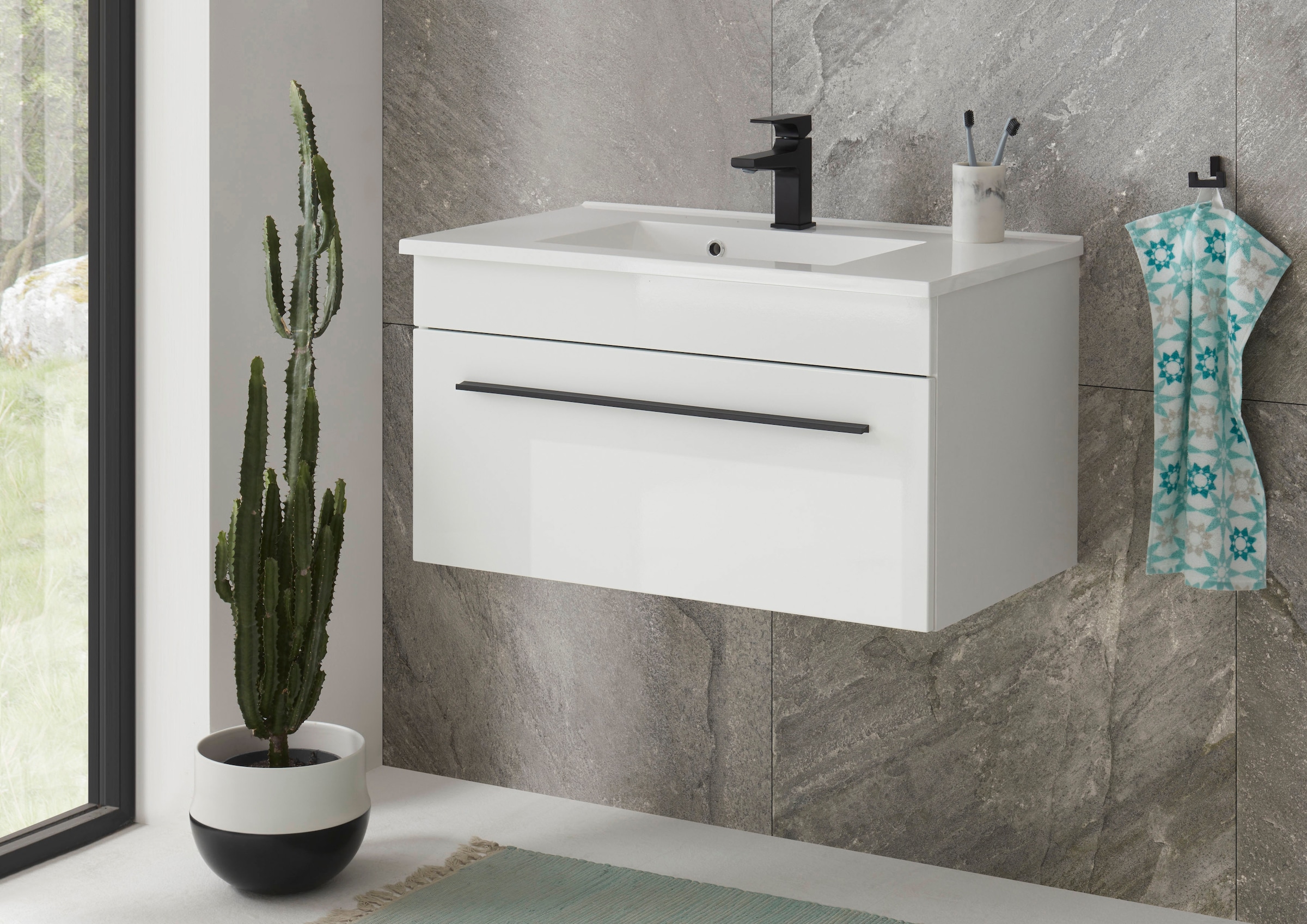INOSIGN Waschtisch »Cantara, Waschtisch inkl. Waschbecken, modernes Design« mit schwarzen Griffen, ausreichend Stauraum