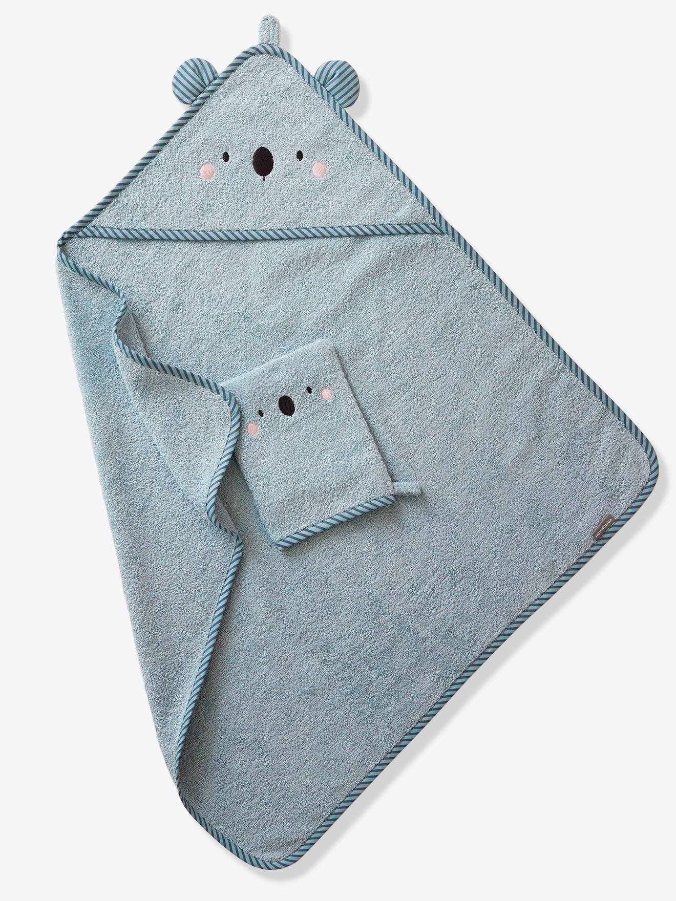 Capa de banho para bebê com capuz, animais bordados, azul médio liso