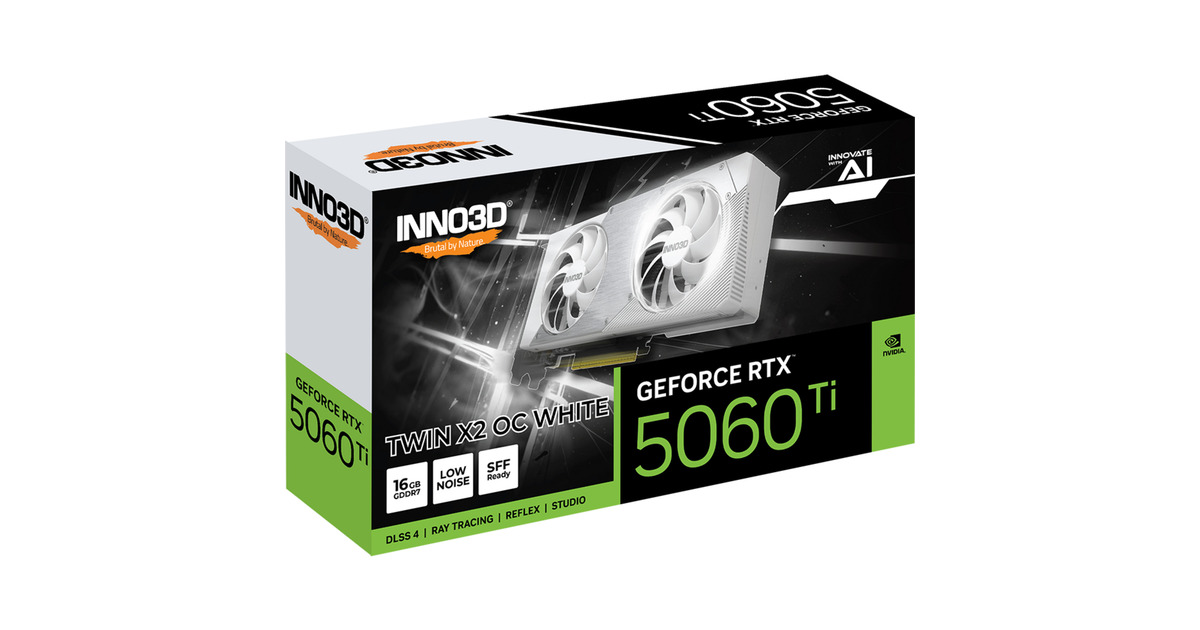 INNO3DGeForce RTX 5060 Ti TWIN X2 OC WHITE 16GB grafische kaart  (Wit, 3x DisplayPort, 1x HDMI 2.1, DLSS 4)