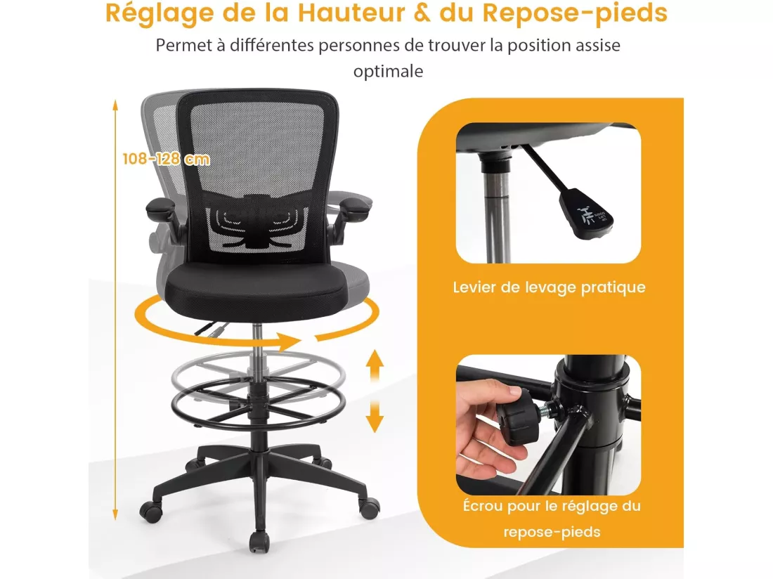 Chaise de Bureau Ergonomique en Maille, Chaise d'Ordinateur avec roulettes, Accoudoirs Rabattables, Repose-Pieds, Réglable en Hauteur, Cadre en Métal Solide, pour Bureau, Charge 120 kg