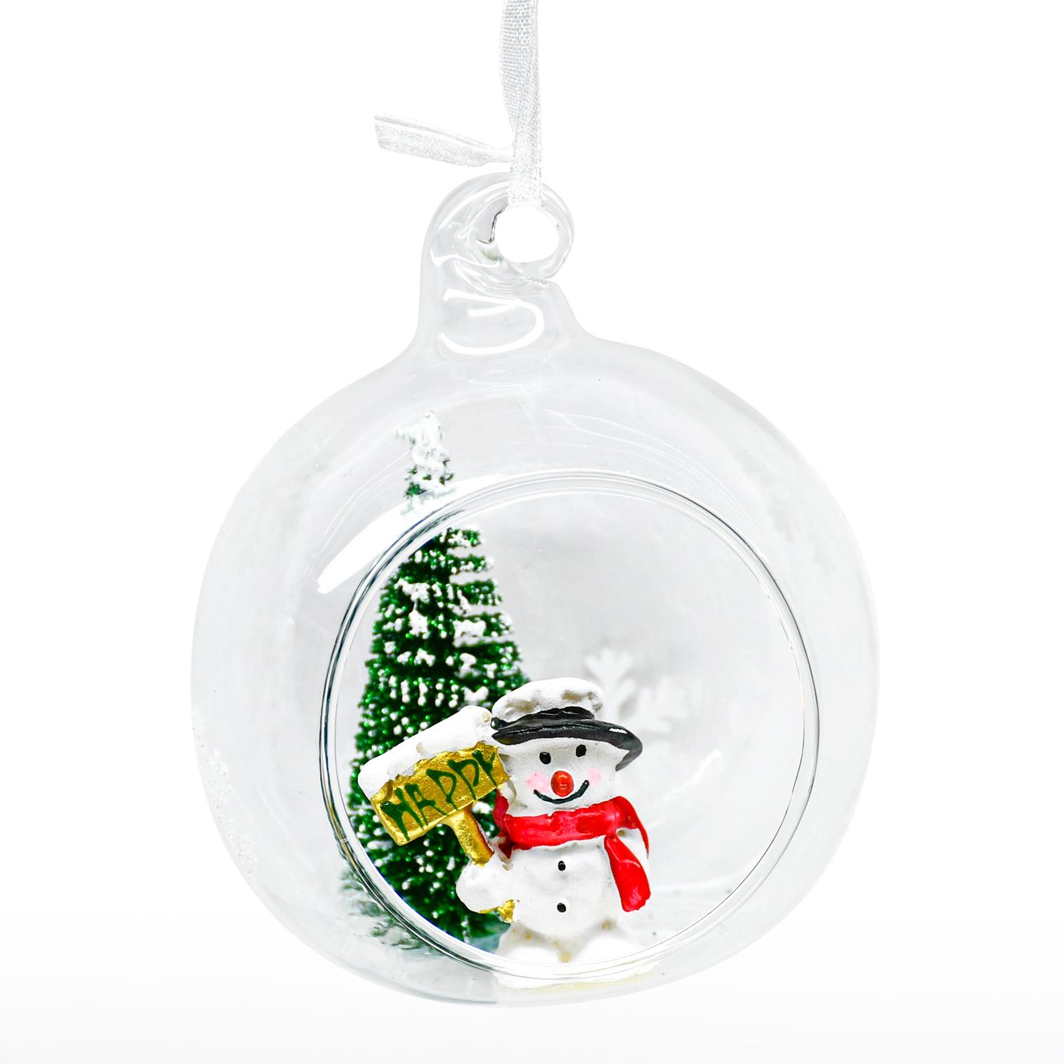 BOULE NOEL BONHOMME NEIGE ET SAPIN D.8CM