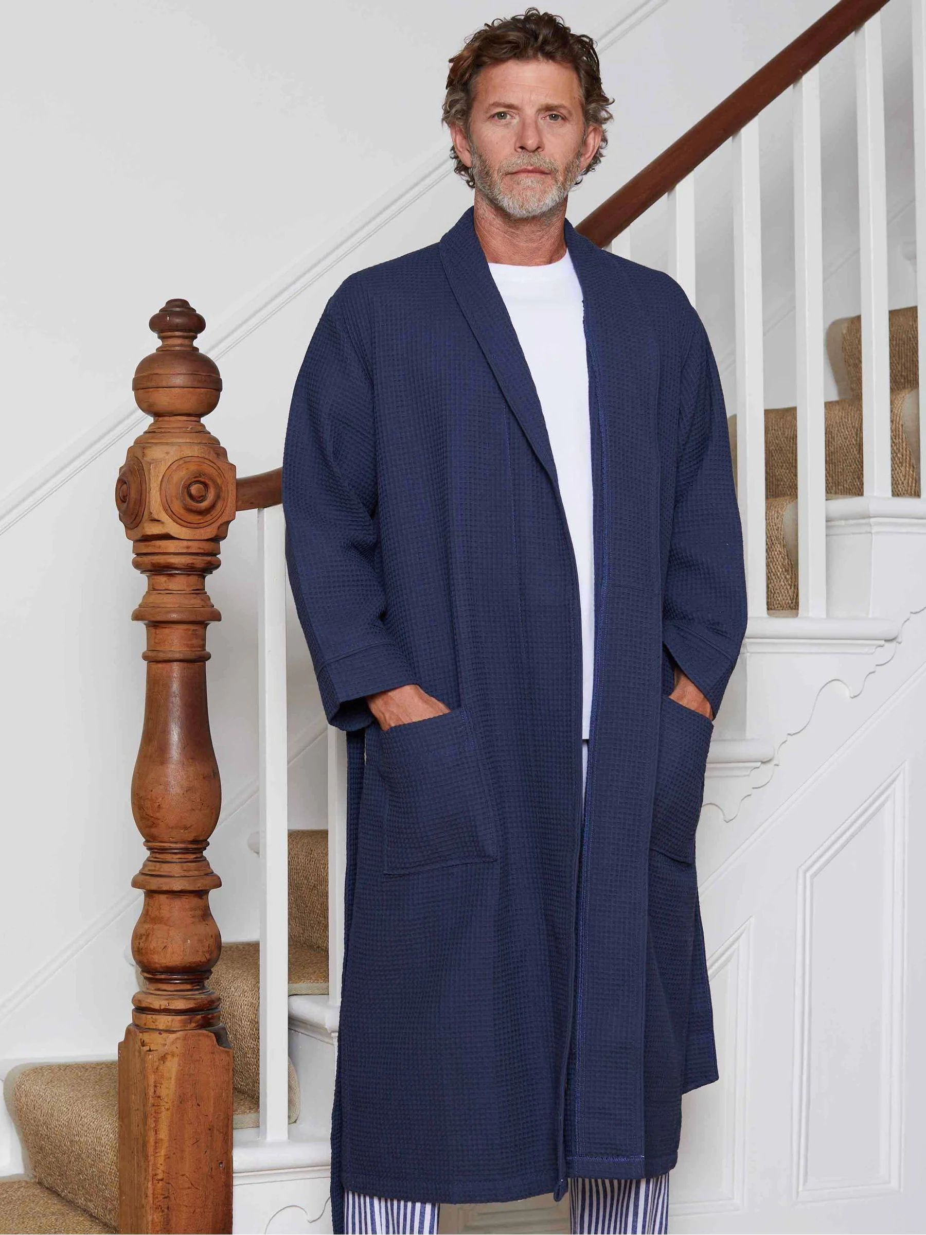 Marineblauw - Savile Row Company - Katoenen kamerjas met wafeldessin
