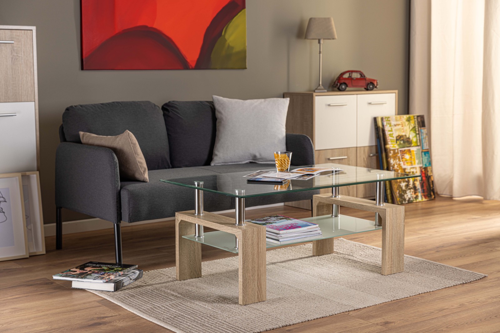 Couchtisch LOANA - Sonoma Eiche - Glas - 100x60 cm