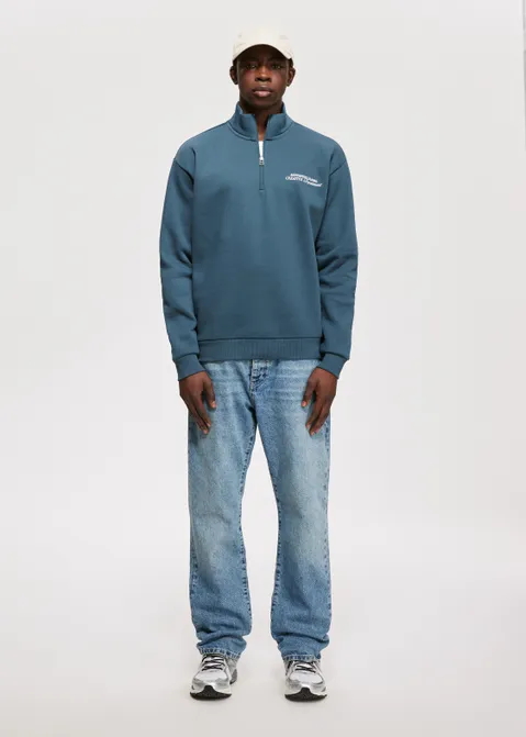 Half zip sweater met tekst blauw (PETROL)