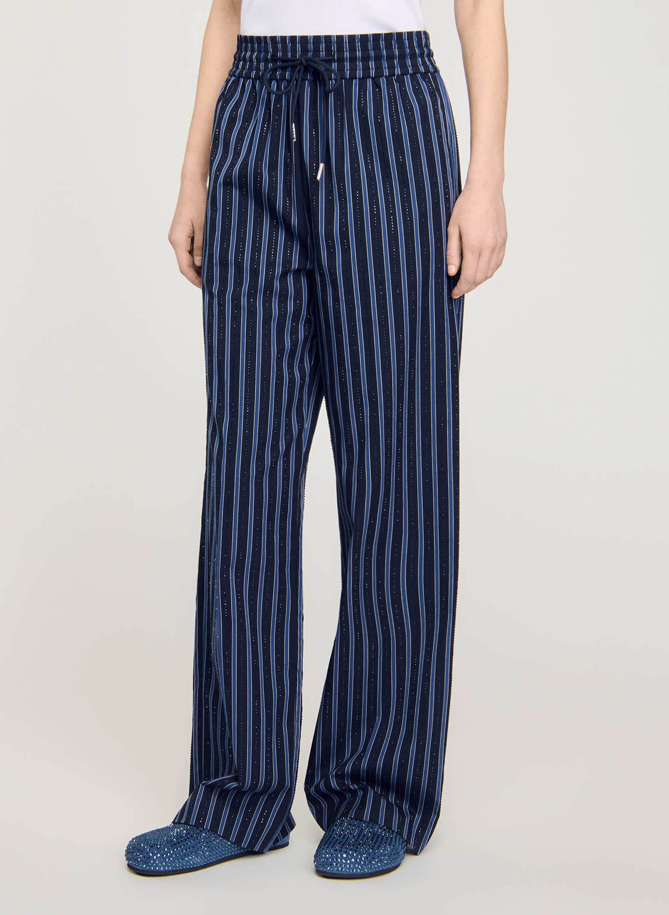 Pantalon large droit en coton rayé | Bleu