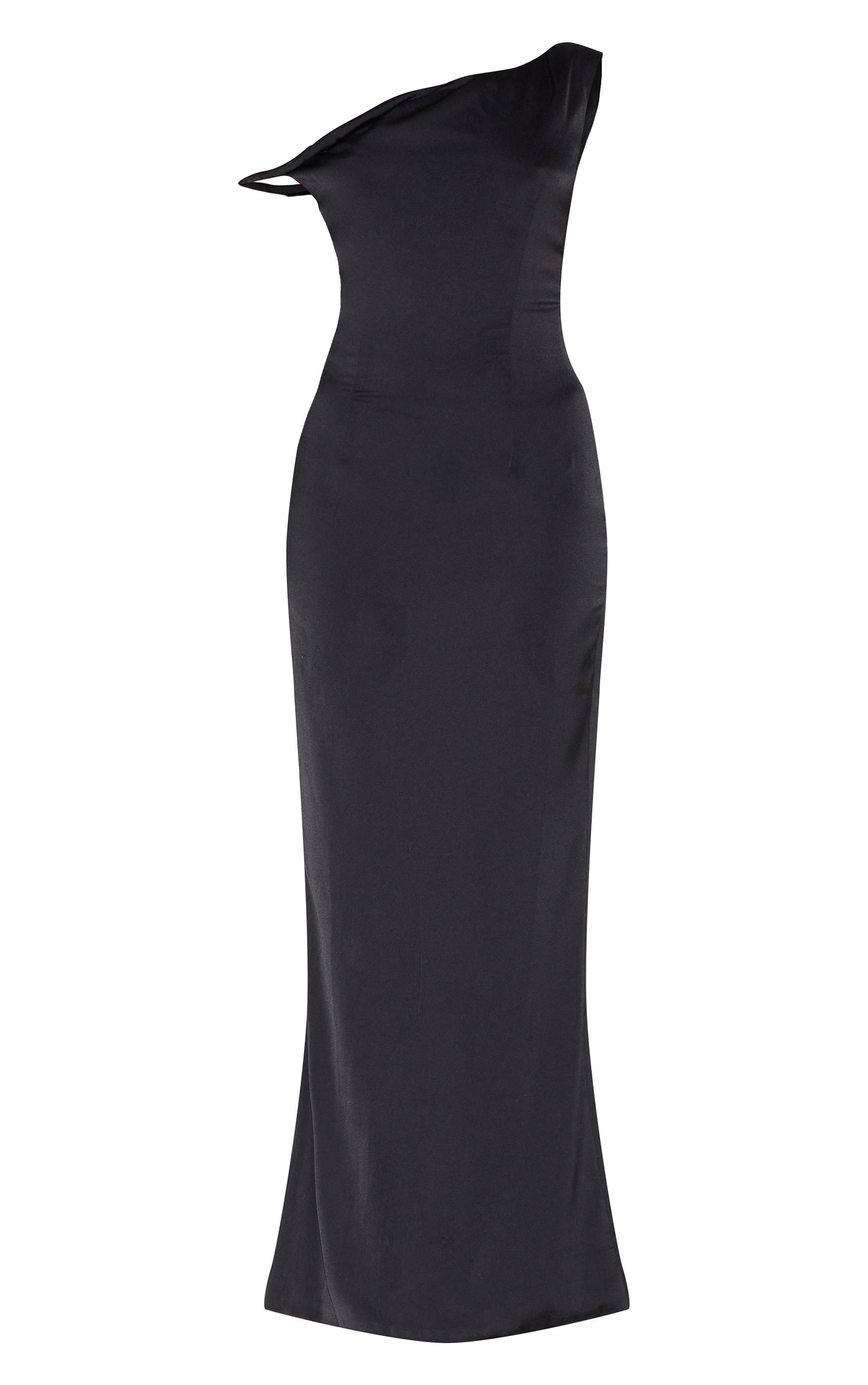 Noir Robe Longue Asymétrique En Satin Avec Col Bardot Torsadé