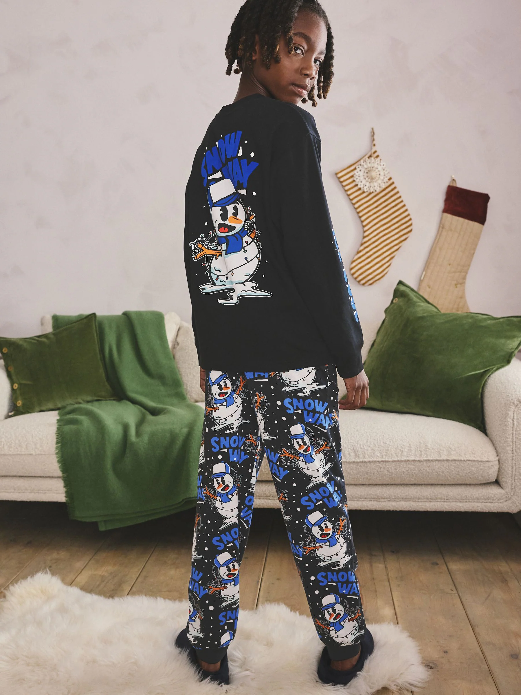 Blauw/zwarte sneeuwpop - Enkele kerstpyjama (5-16jr)