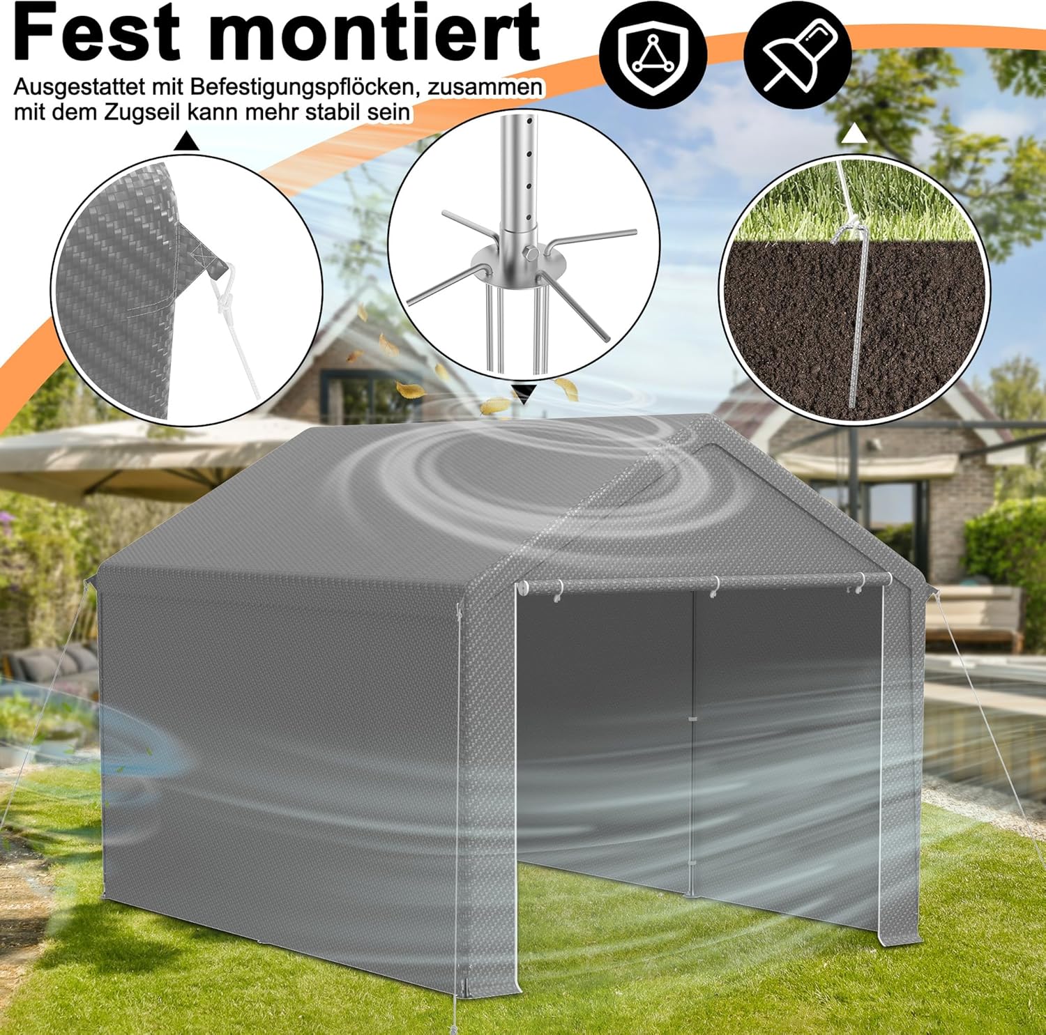 Aufun Carport Zeltgarage 3x4m, Wasserdichtes Lagerzelt mit PE-Dach, Reißenresistenter Garagenzelt mit abnehmbaren Seitenwänden, UV-beständig Winterfest Unterstand für Auto, SUV, LKW, Boot, Grau