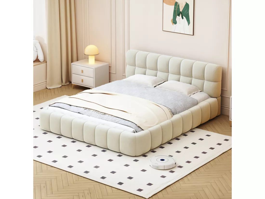 Lit adulte 160x200cm, lit double en lin avec dossier moelleux, Lit plat avec encadrement rembourré, sommier à lattes, tête de lit, beige (Prévente)
