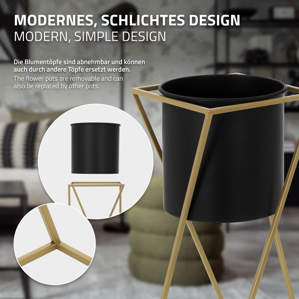 ML-Design Bloemenstandaard, Set van 2, Zwart en Goud, 21x21x51/24x24x70,5 cm, Staal, Bloempotstandaard met plantenbak, Metalen plantenstandaard, 2-delige bloempothouder, Decoratieve plantenbak, Bloemenzuil, Bloemenkruk