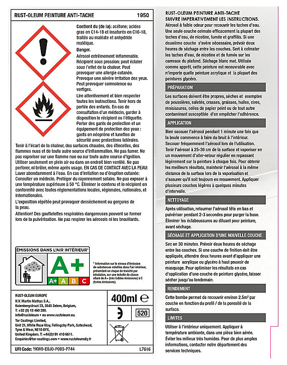 Peinture aérosol anti-tache Rust-Oleum blanc mat 400ml