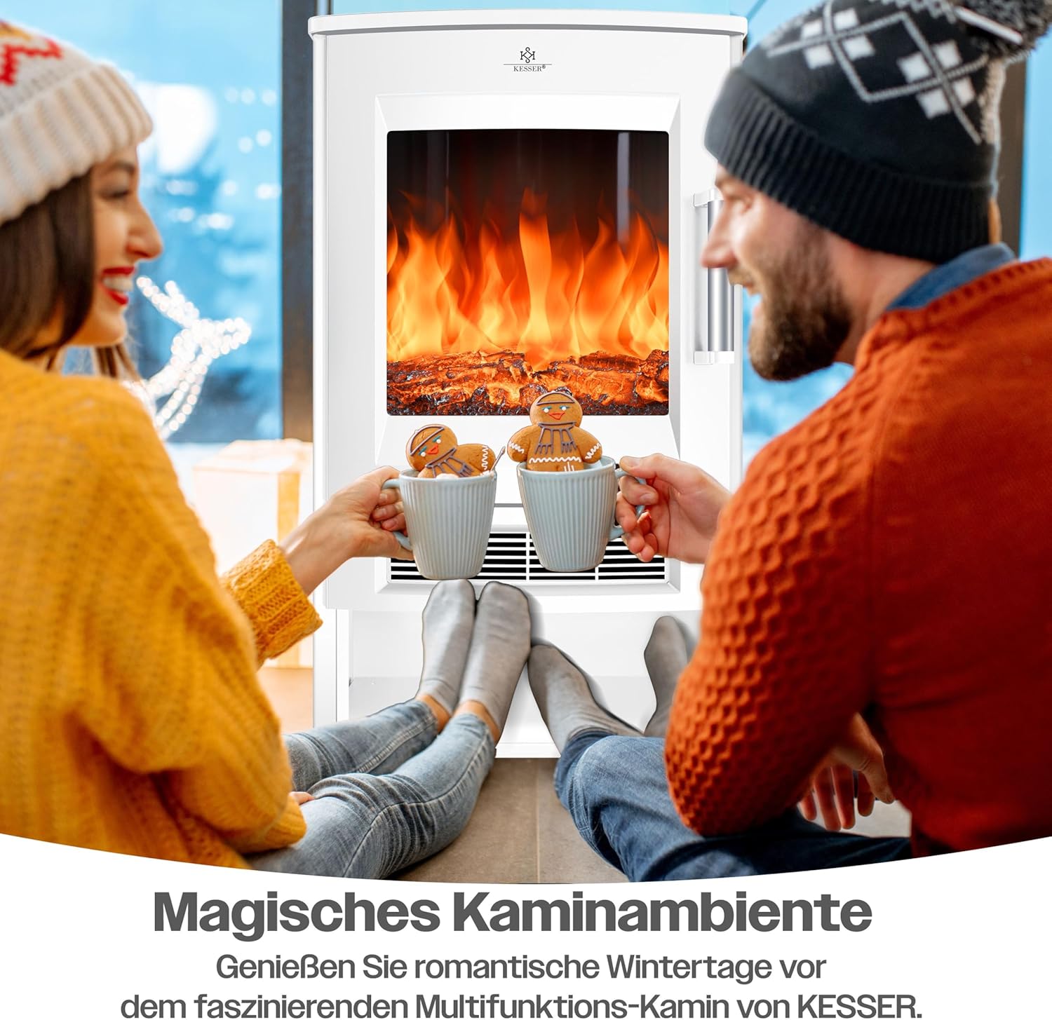 KESSER® Elektrokamin mit Heizung Panorama-Sichtfenster Heizlüfter 9 LED-Flammeneffekt Farbmodi Fernbedienung WiFi App 900/1800W Kaminfeuer elektrisch mit Thermostat Heizfunktion Timer