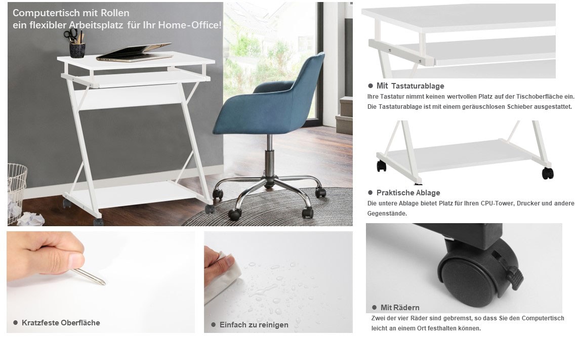 INOSIGN Computertisch »ERVIE, Rolltisch, Laptoptisch,« stabiles Metallgestell, mit Tastaturauszug, 60x73 cm