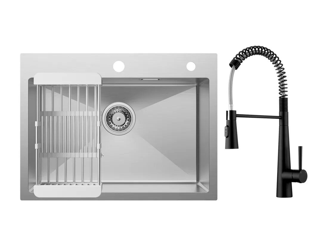 Cecipa max Évier 1 Bac 60×45cm Évier Inox Brossé avec Panier de Drainage + Mitigeur de Cuisine à Ressort avec 3 Modes de Sortie D'eau, Noir