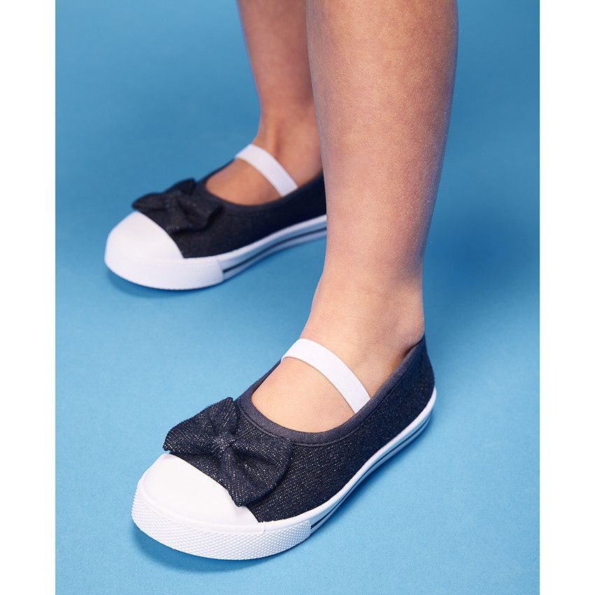 Babies brillantes en toile avec noeud fantaisie pour bébé fille - Bleu marine