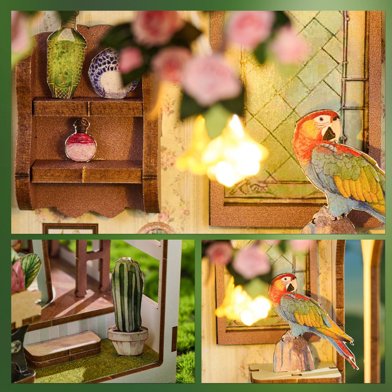 (104-tlg. Set) 24x8cm Holz Bücher Nische Modell Bausatz DIY Miniatur Haus mit Licht Home Deko Buchstütze für Erwachsene - Gartenhaus