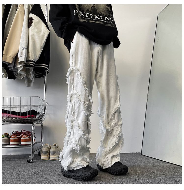 Tiaota - Mid Rise Washed Frayed Loose Fit Jeans
