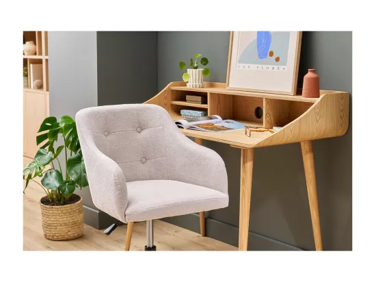 Chaise de bureau capitonnée à roulettes en tissu effet velours texturé beige et métal noir BALTIK