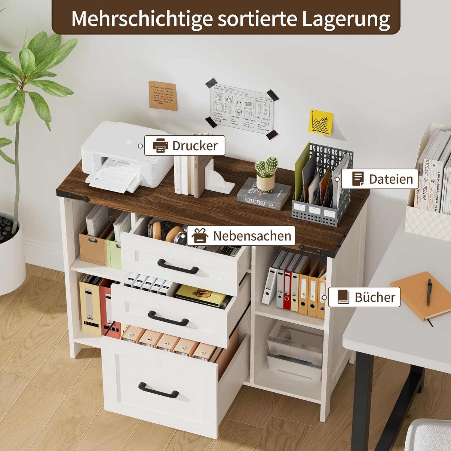 Aktenschrank, mit 3 Schubladen und 4 offenen Fächern Aufbewahrungsschrank, Aktenschrank für Büro und Zuhause, Multifunktionsschrank mit verstellbaren Fächern, 88 * 35 * 66CM, weiß