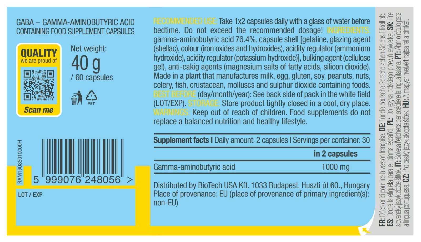 Cápsula de GABA 60 da Biotech USA